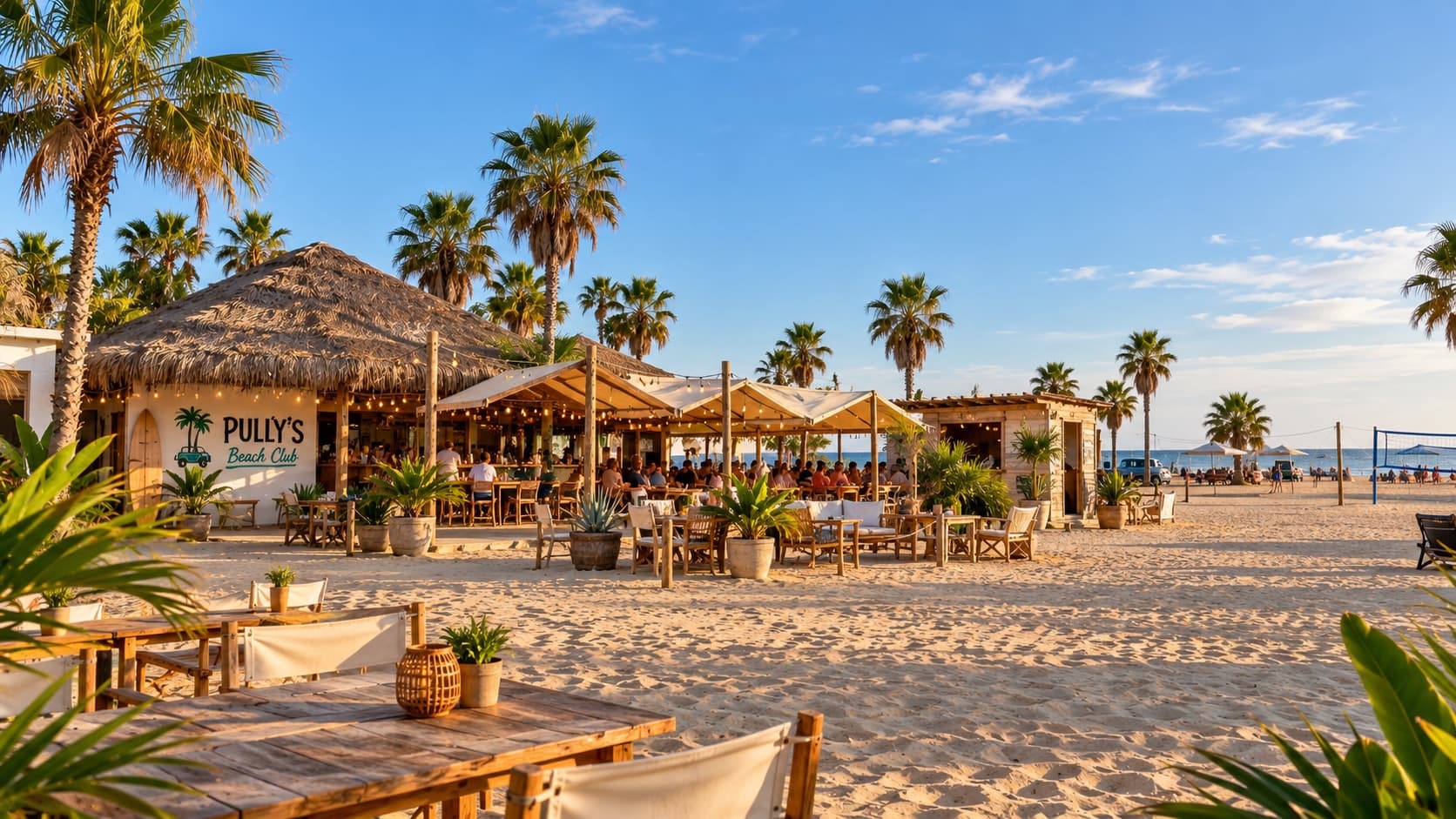 Pully's Beach Club on the beach at golden hour