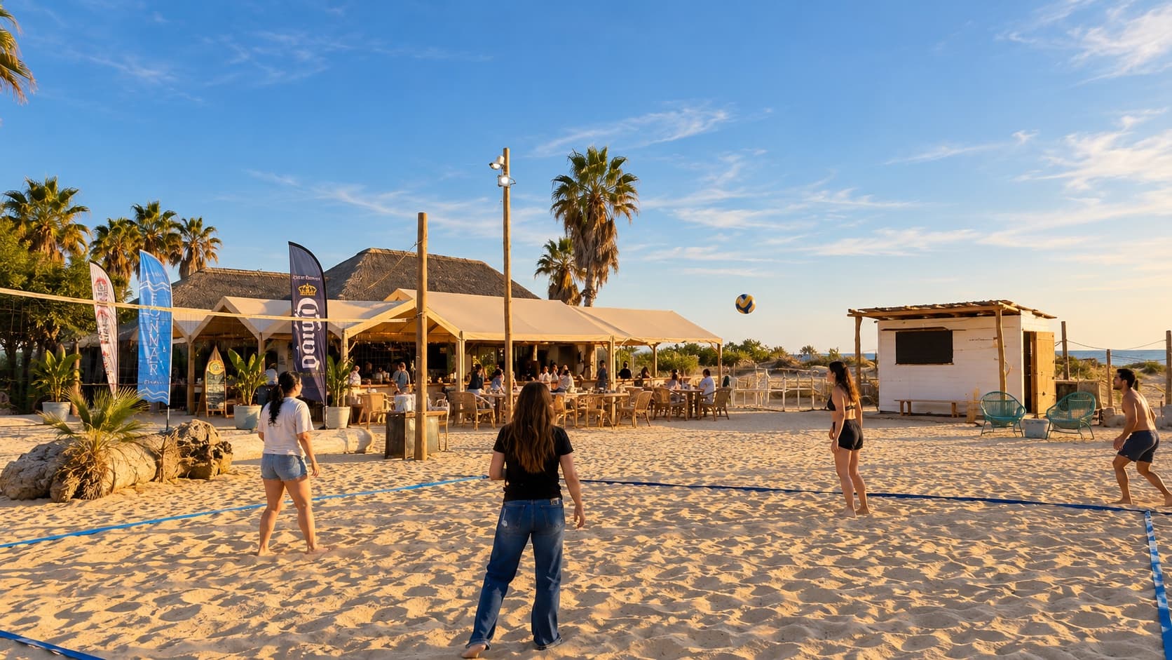 Beach volleyball in front of the Pully's Beach Club bar and restaurant at sunset